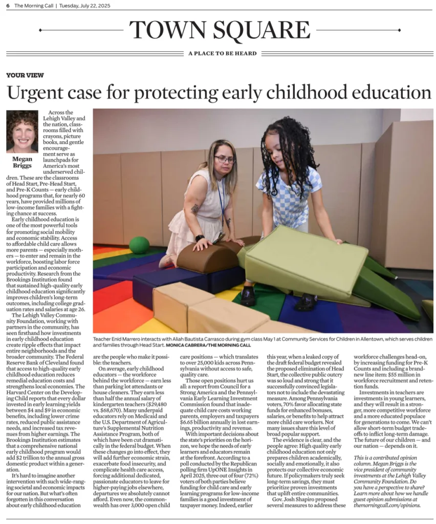 Screen Cap of Morning Call Opinion Page story: Your View - Urgent Case for Protecting Early Childhood Education